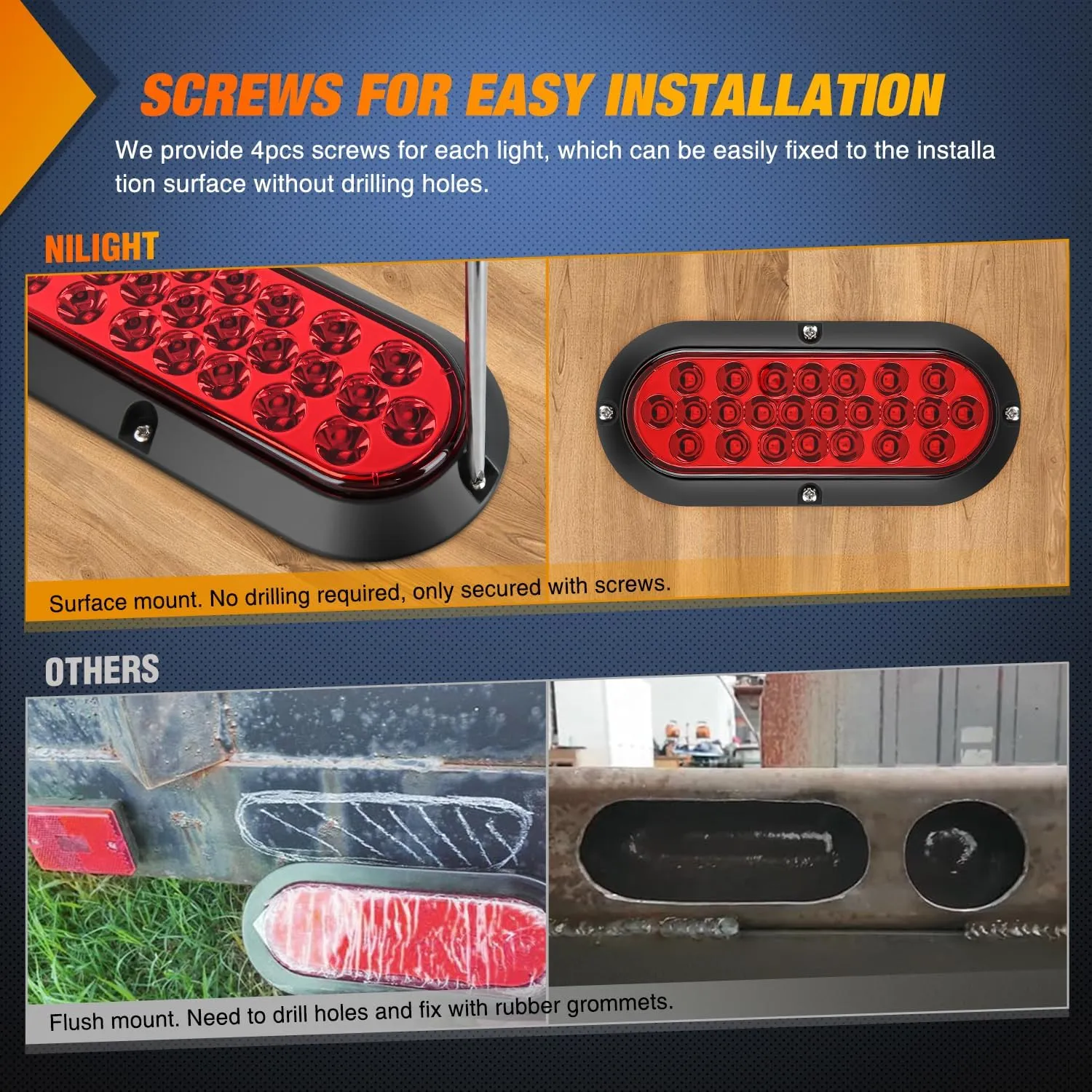 6 Inch Oval Red 24Leds Trailer Tail Lights 2Pcs