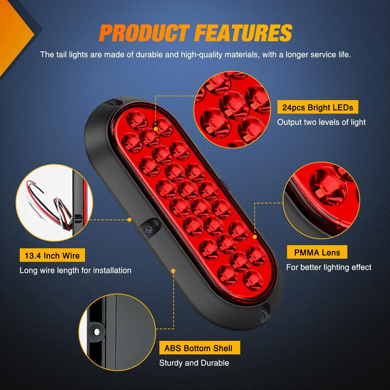 6 Inch Oval Red 24Leds Trailer Tail Lights 2Pcs