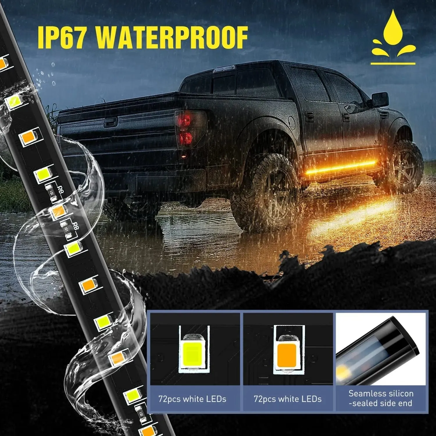 60 Inch 144 Leds Running Board Amber White Light Strip (Pair)