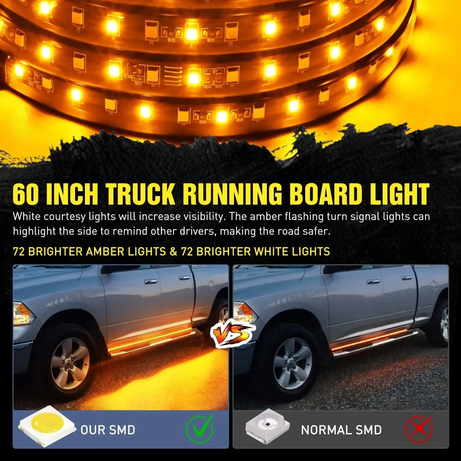 60 Inch 144 Leds Running Board Amber White Light Strip (Pair)