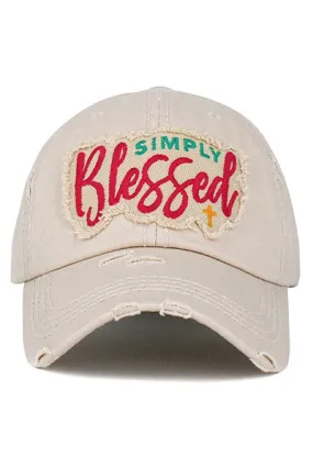 Distressed Embroidered Simply Blessed Vintage Ball Cap in Ivory
