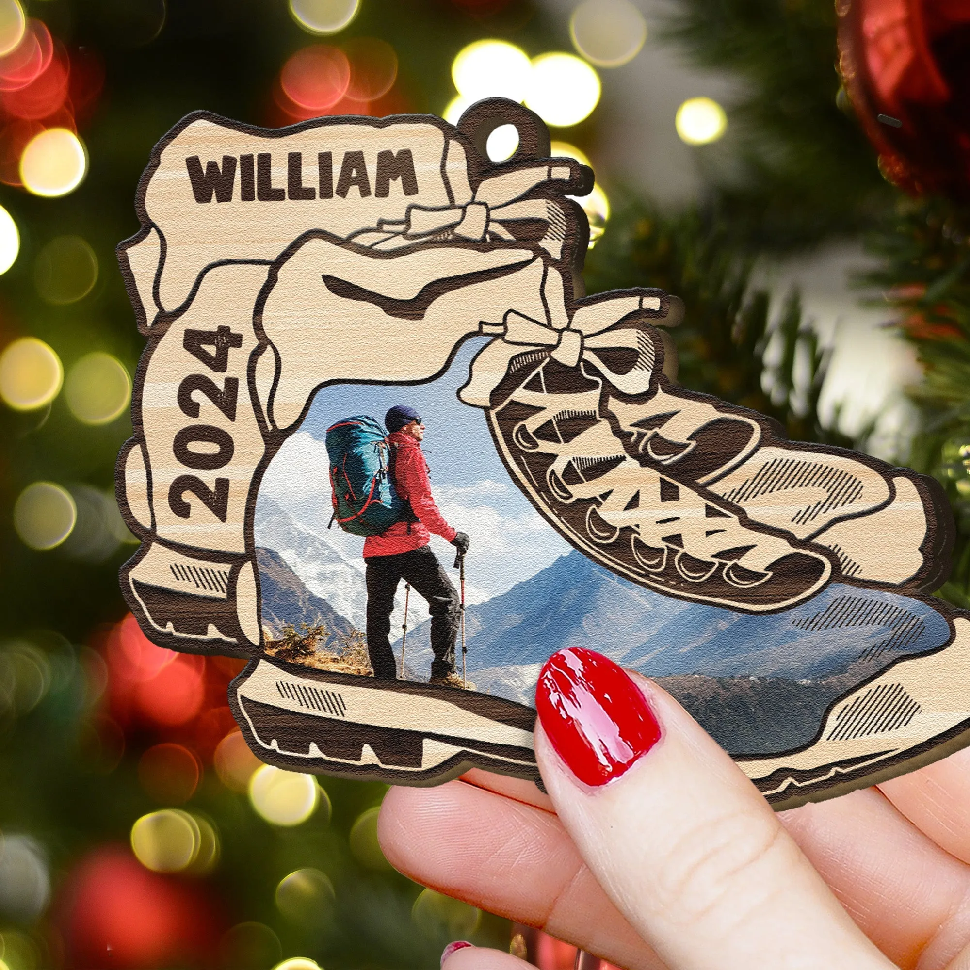 Hiking Boots Ornament - Personalized Wooden Photo Ornament ORN0810